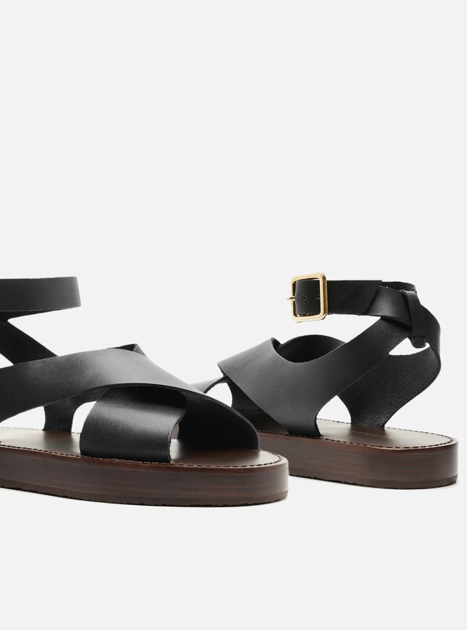Sandália Preta Couro Flatform Tiras Largas