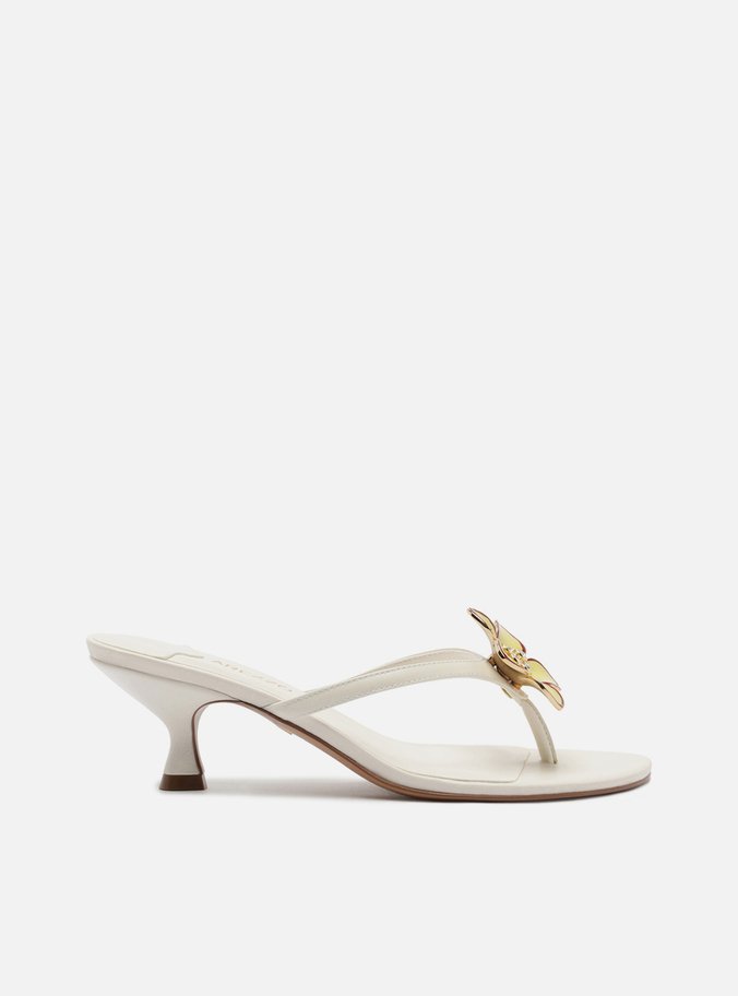 Sandália Tamanco Thong Branca Salto Fino Flor Pedraria