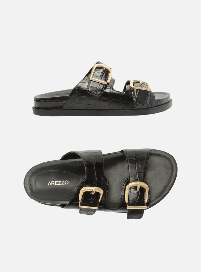 Sandália Papete Preta Croco Flatform Fivelas