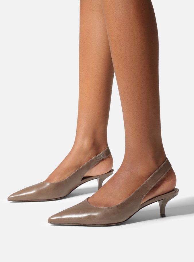 Scarpin Cinza Couro Salto Fino Slingback