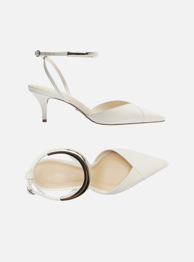 Scarpin Branco Couro Salto Alto Tira Metal