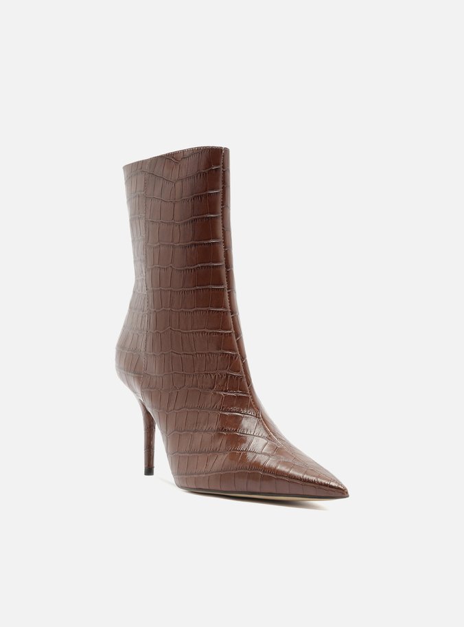 Bota Marrom Croco Cano Médio Salto Fino