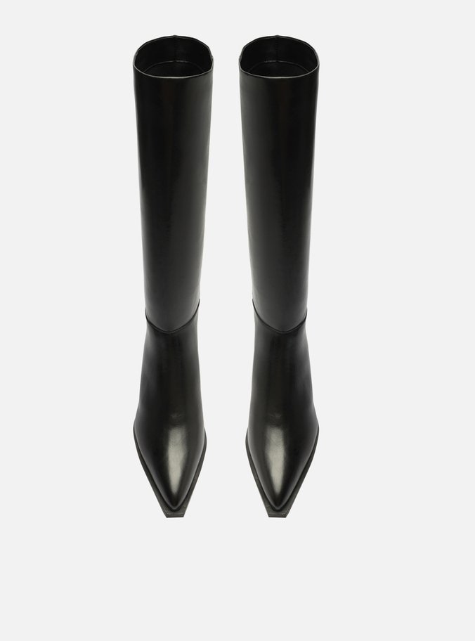 Bota Preta Couro Cano Longo Salto Bloco