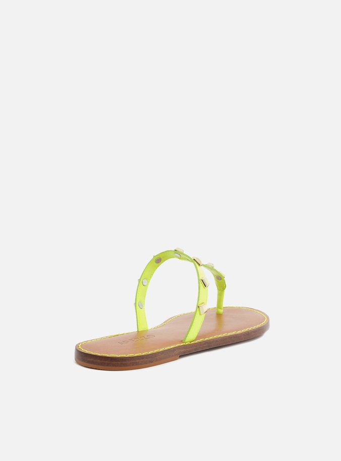 Sandália Rasteira Amarela Couro Slim Studs Ella