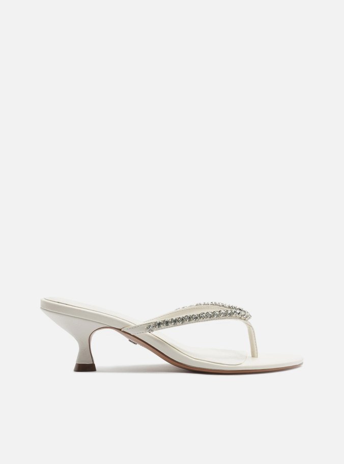 Sandália Tamanco Thong Branca Salto Fino Strass