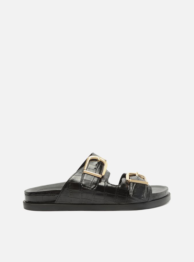 Sandália Papete Preta Croco Flatform Fivelas