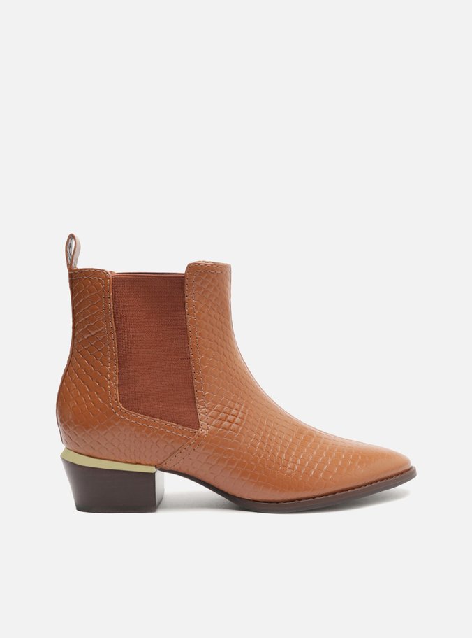 Bota Marrom Couro Skin Cano Curto Salto Baixo