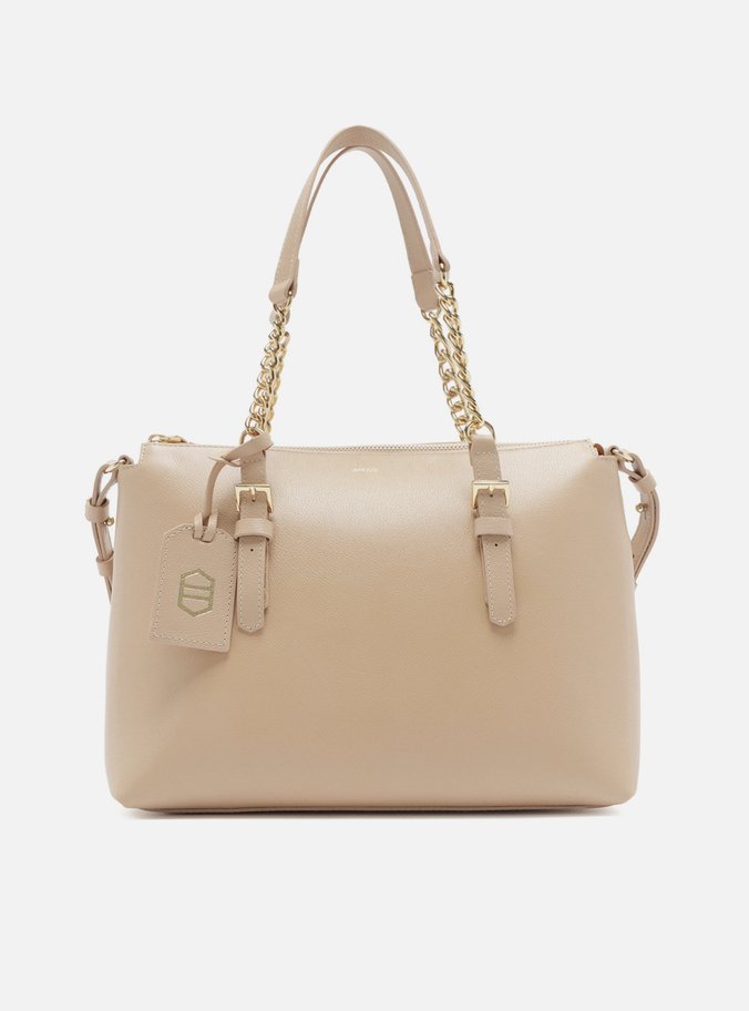 Bolsa Tote Bege Couro Grande Alça Corrente