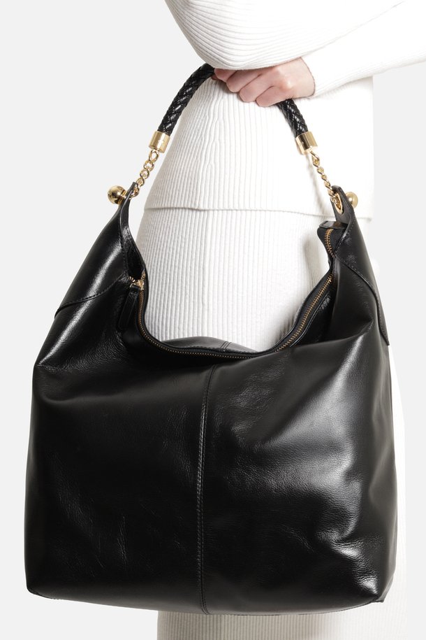 Bolsa Hobo Preta Couro Grande Alça Metais