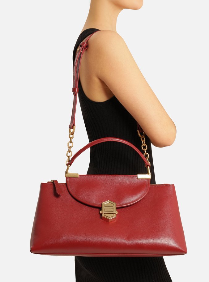 Bolsa Satchel Vermelha Couro Média Peça Metal