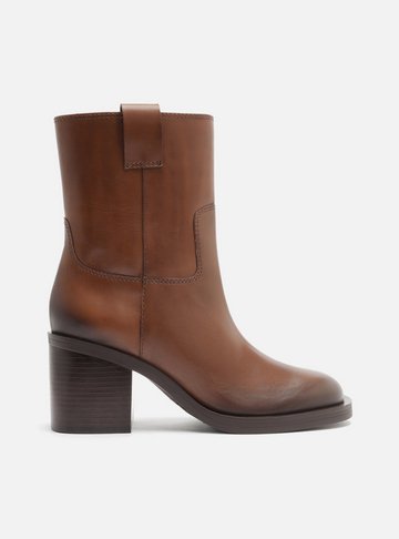 Bota Marrom Couro Cano Médio Salto Bloco Tiras