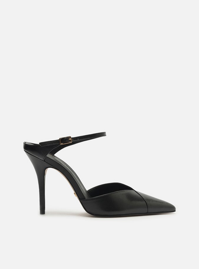 Mule Preta Couro Salto Alto Tira Instep