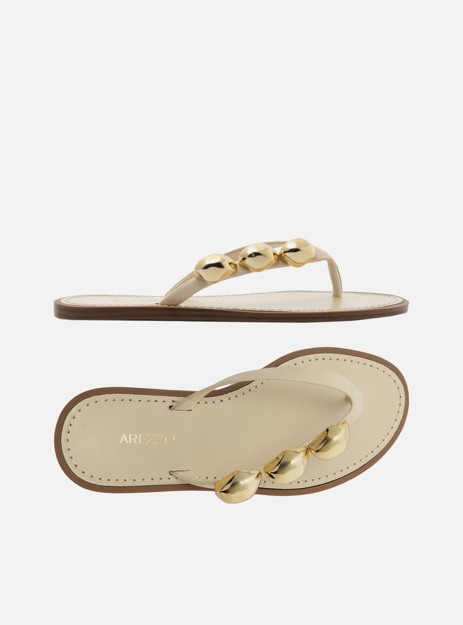 Rasteira Branca Couro Flip Flop Metais