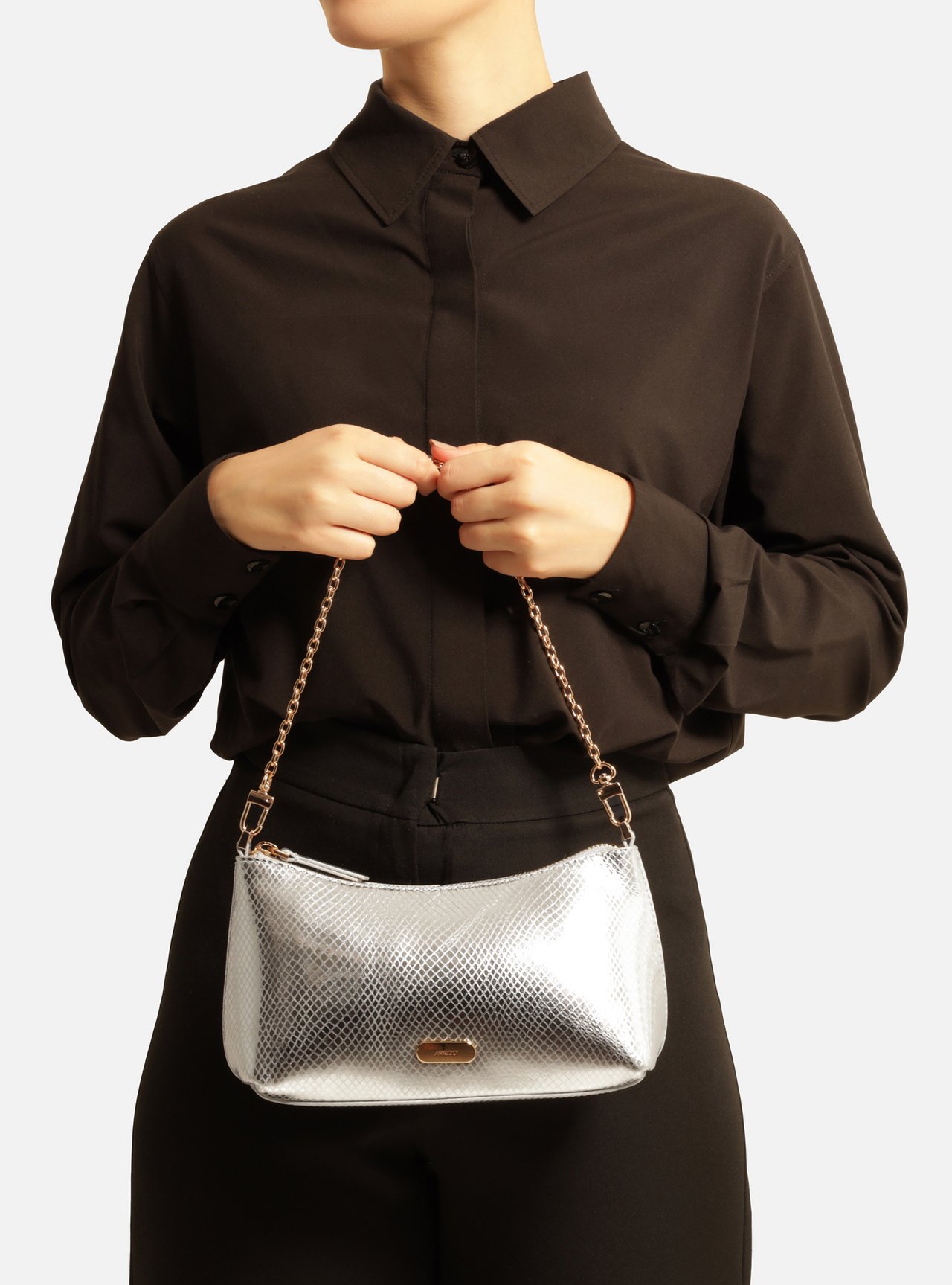 Bolsa Tiracolo Prata Snake Pequena Corrente Tag