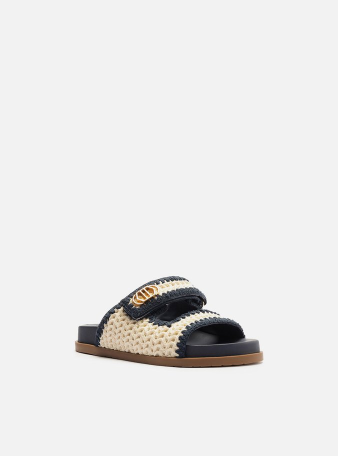 Sandália Papete Azul Crochê Cru Velcro