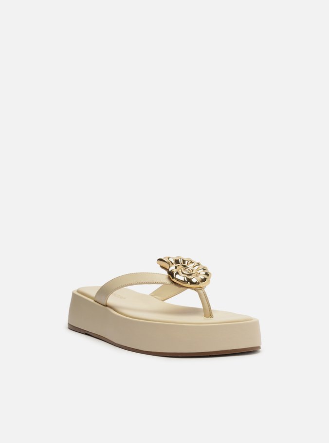 Tamanco Branco Couro Flatform Metal Concha