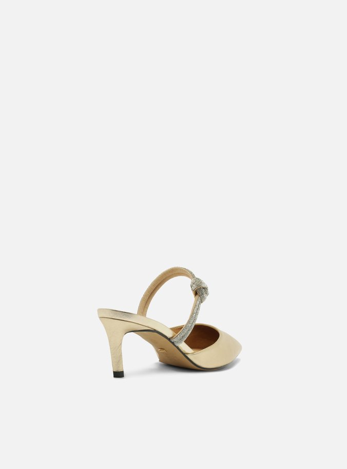 Scarpin Dourado Couro Aberto Tiras Strass