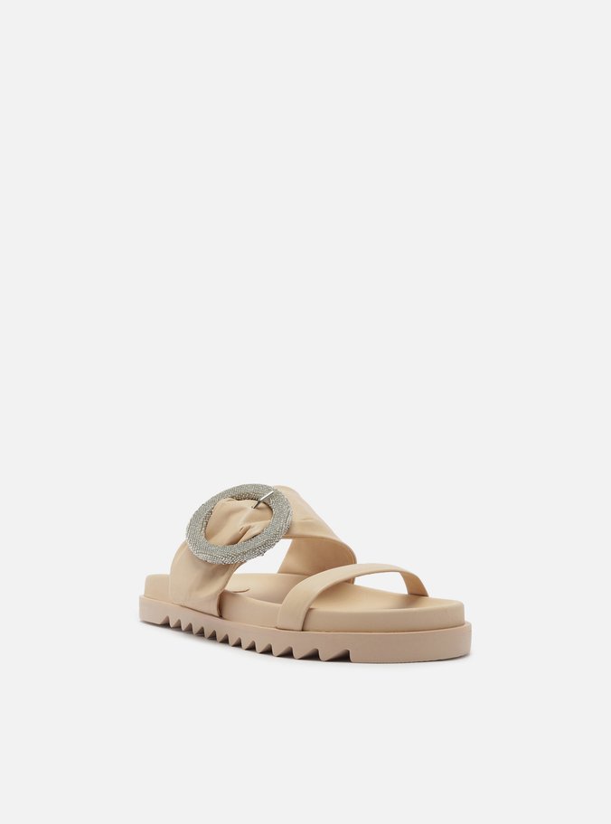 Sandália Nude Couro Flatform Fivela Cristais