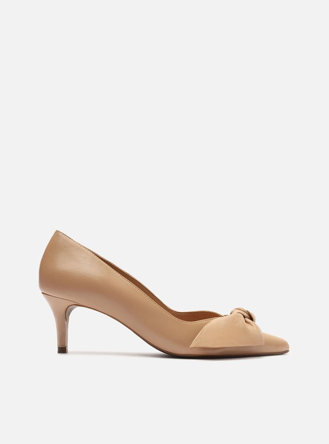 Scarpin Bege Couro Salto Fino Laço Maxi