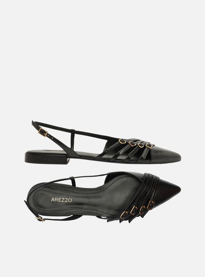 Sapatilha Preta Couro Slingback Tiras Fivelas