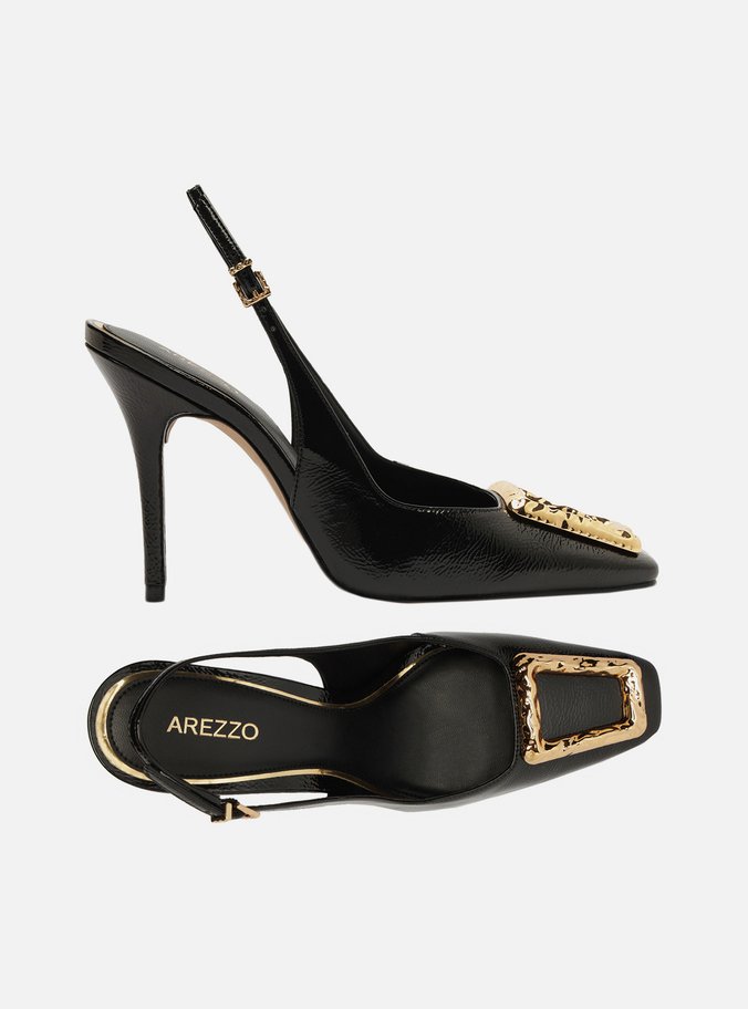 Scarpin Preto Couro Slingback Metal Verniz