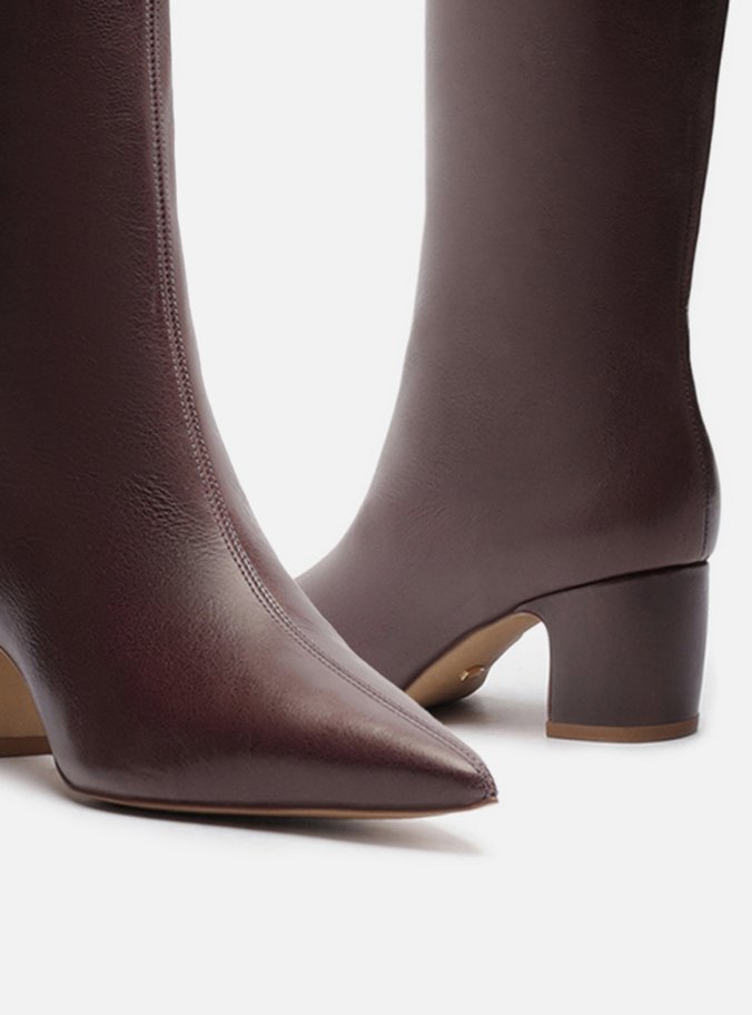 Bota Marrom Couro Cano Longo Bico Fino Zíper