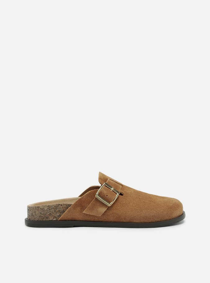 Clog Sabot Marrom Camurça Rasteira Fivela