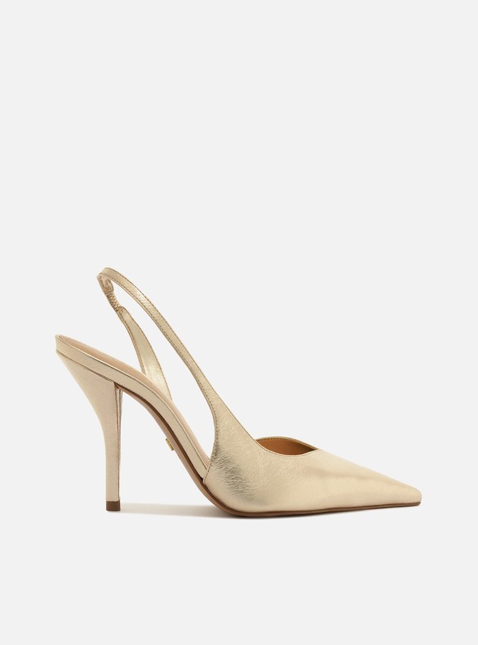 Scarpin Dourado Couro Salto Fino Slingback