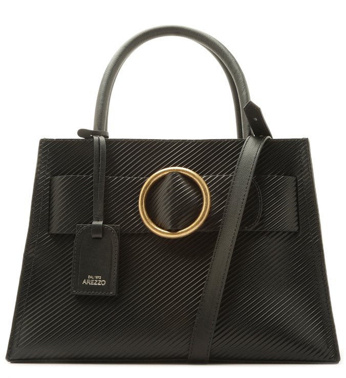 Bolsa Tote Couro Allegra Stripes Grande Preta