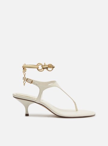 Sandália Off White Couro Salto Kitten Thong Tornozeleira
