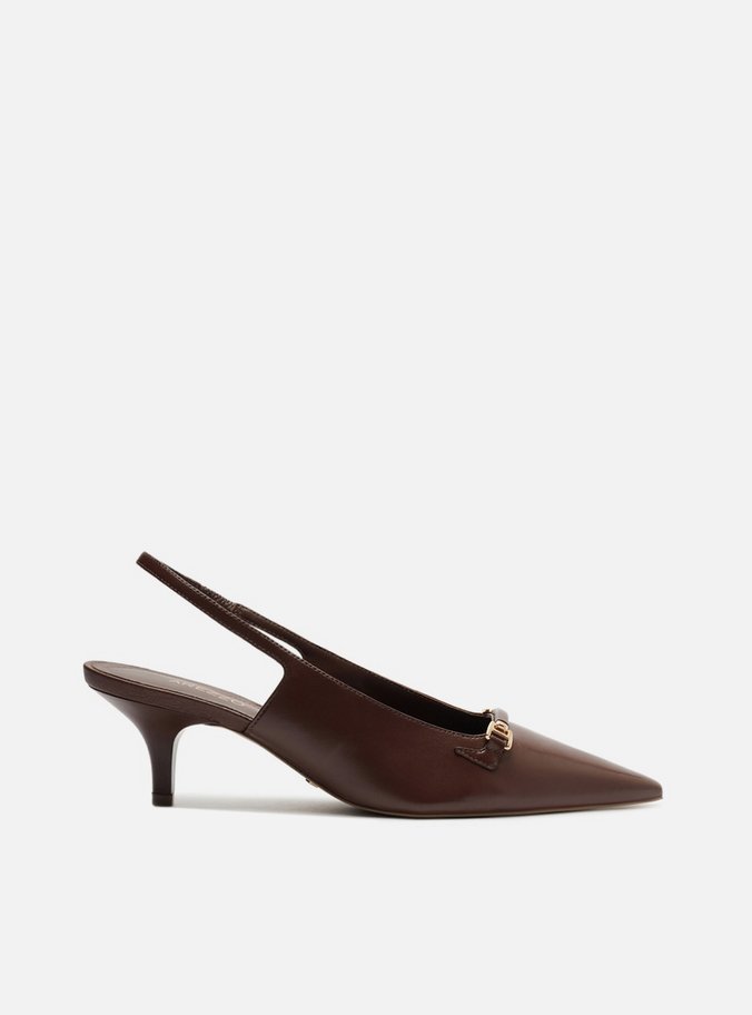 Scarpin Marrom Couro Salto Fino Metais Slingback