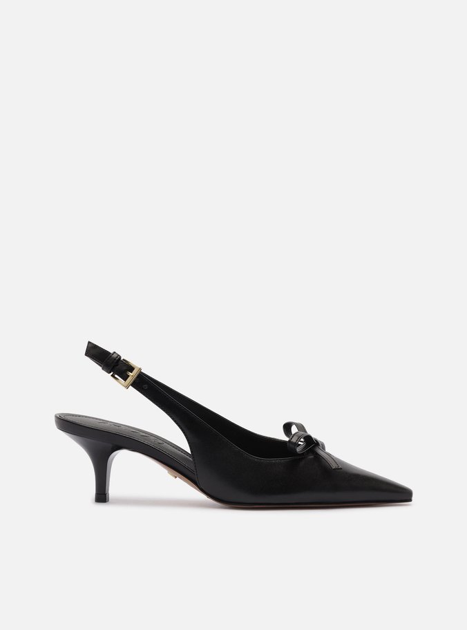Scarpin Preto Couro Salto Fino Slingback Laço