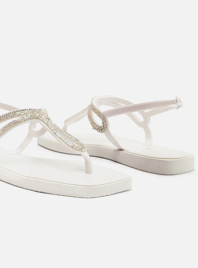 Sandália Rasteira Branca Strass Square Thong