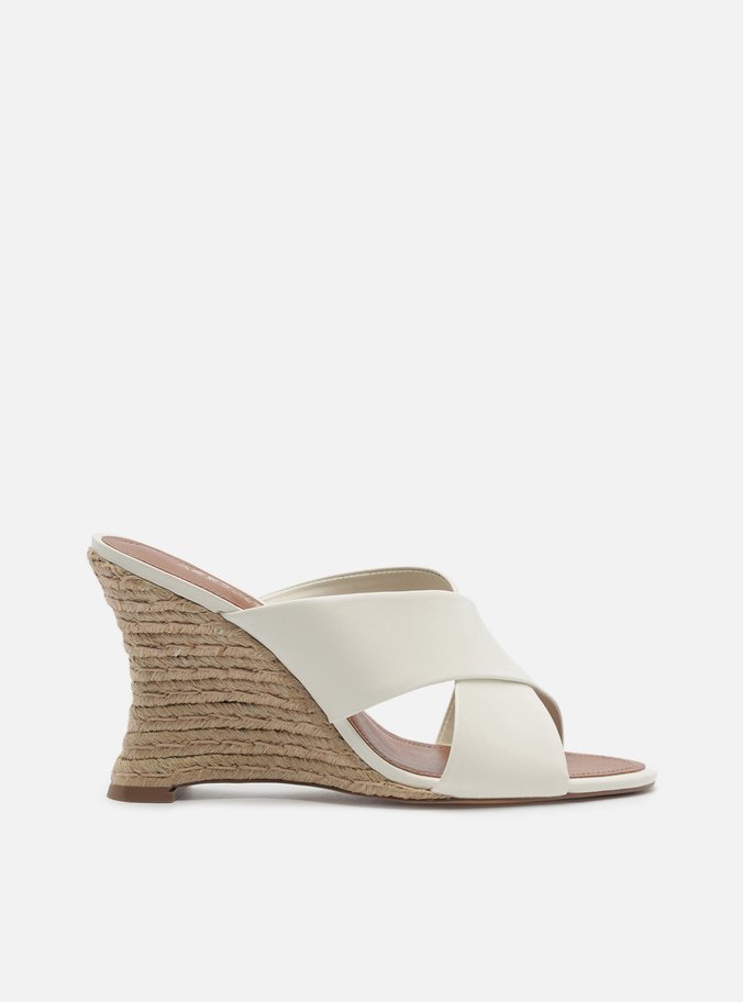 Sandália Branca Couro Anabela Corda Tiras Cruzadas