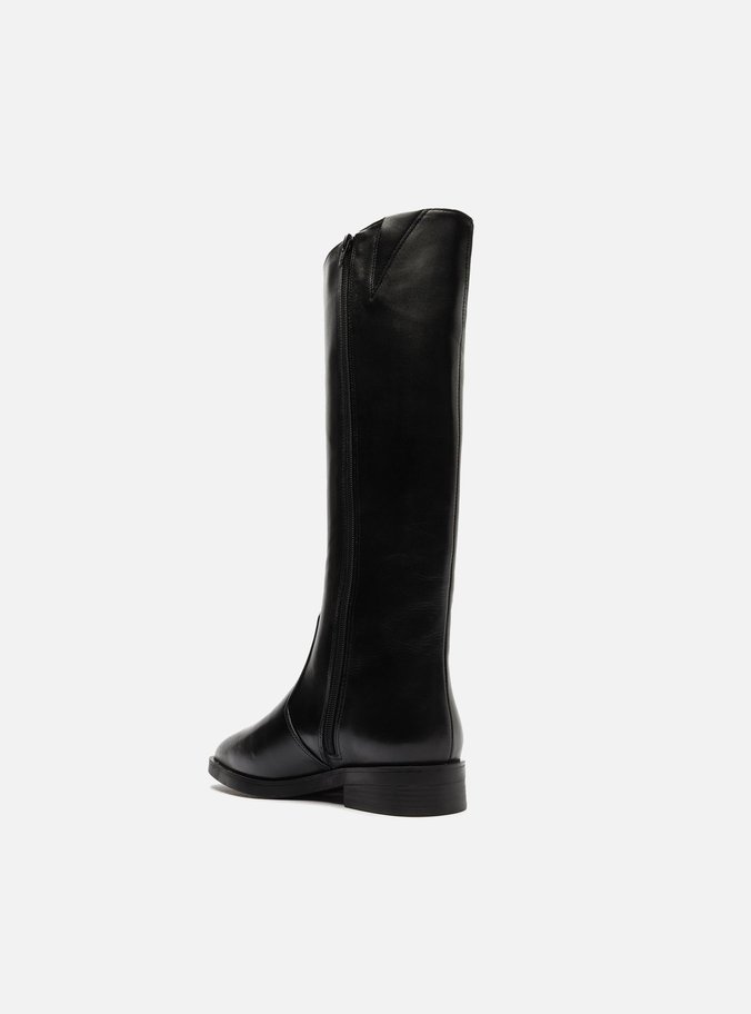 Bota Preta Couro Cano Longo Zíper Montaria
