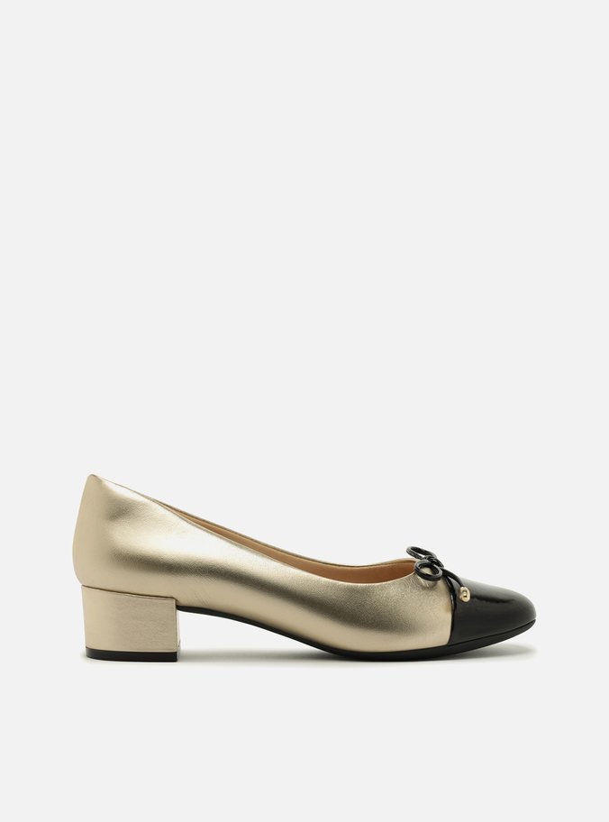 Scarpin Multineutro Dourado Couro Salto Baixo Laço Soft