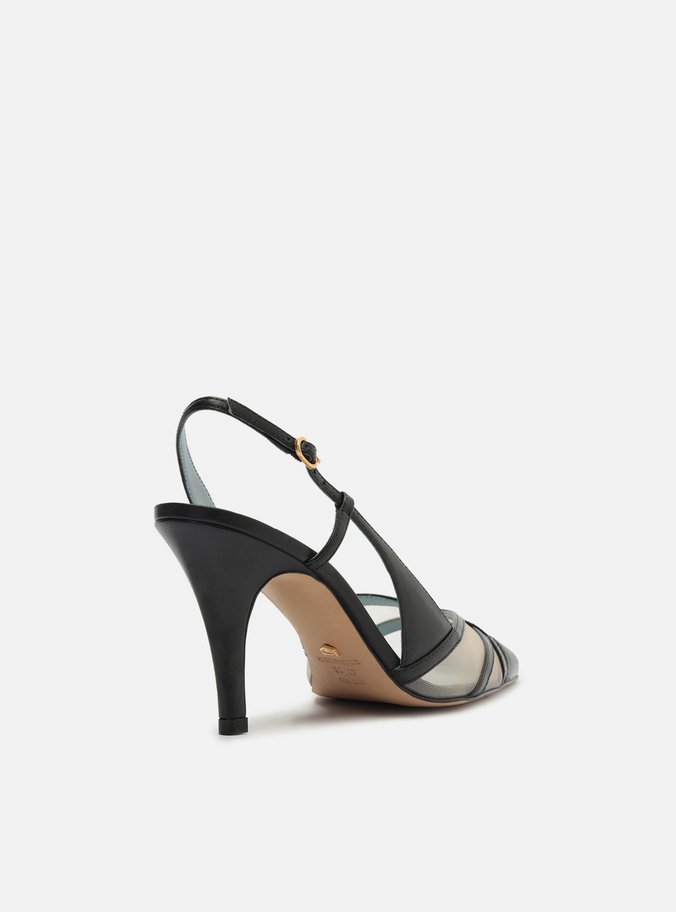 Scarpin Preto Couro Tela Salto Médio Fivela