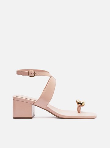 Sandália Rosa Couro Salto Bloco Metal Bold
