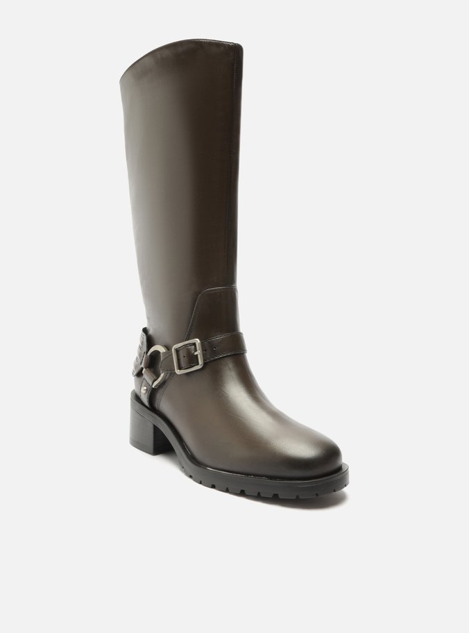 Bota Marrom Couro Cano Longo Tratorada Fivelas
