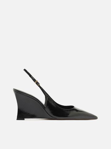 Scarpin Preto Couro Salto Anabela Slingback
