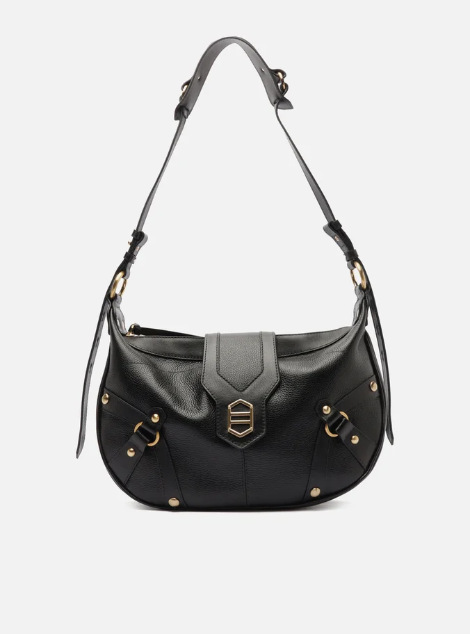 Bolsa Shoulder Preta Couro Grande Tiras Metais