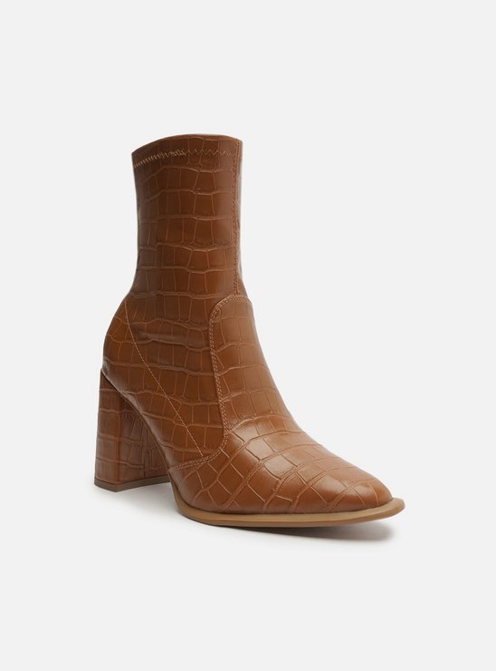 Bota Marrom Croco Cano Médio Salto Bloco