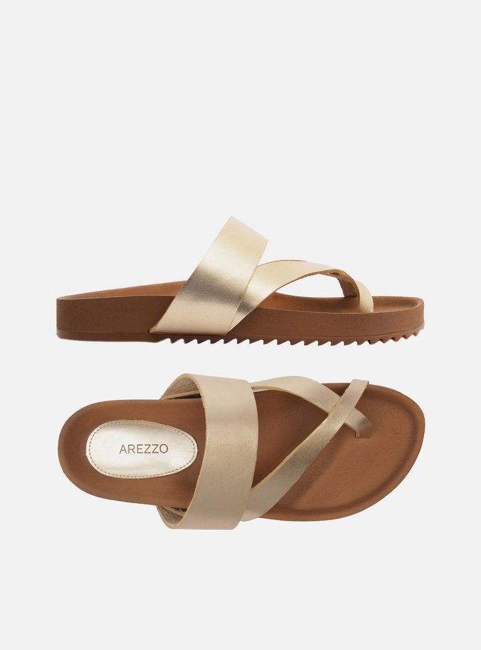 Papete Dourada Couro Flatform Tiras Cruzadas
