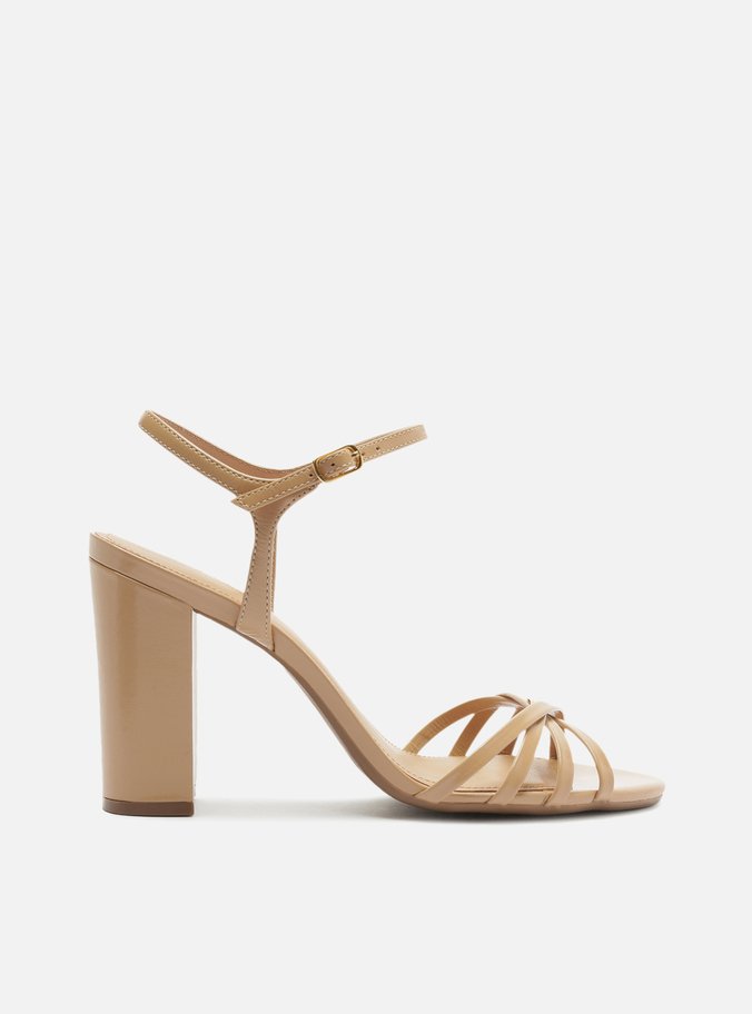 Sandália Salto Alto Nude Bloco Croco Multitiras