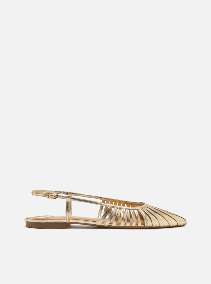 Sapatilha Dourada Couro Bico Fino Slingback Tiras