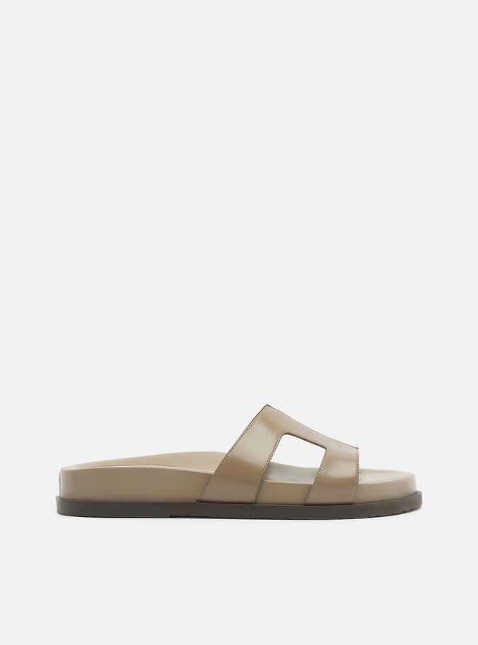 Sandália Papete Cinza Couro Flatform Tiras