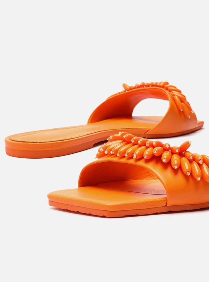 Rasteira Laranja Couro Flat Aplicações