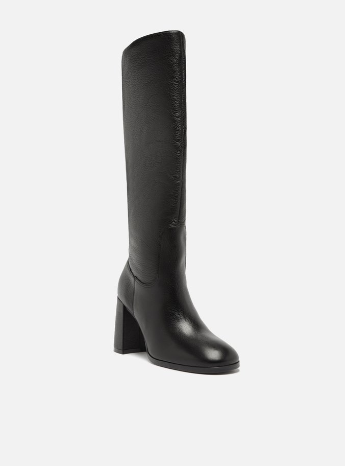 Bota Preta Couro Cano Longo Salto Médio