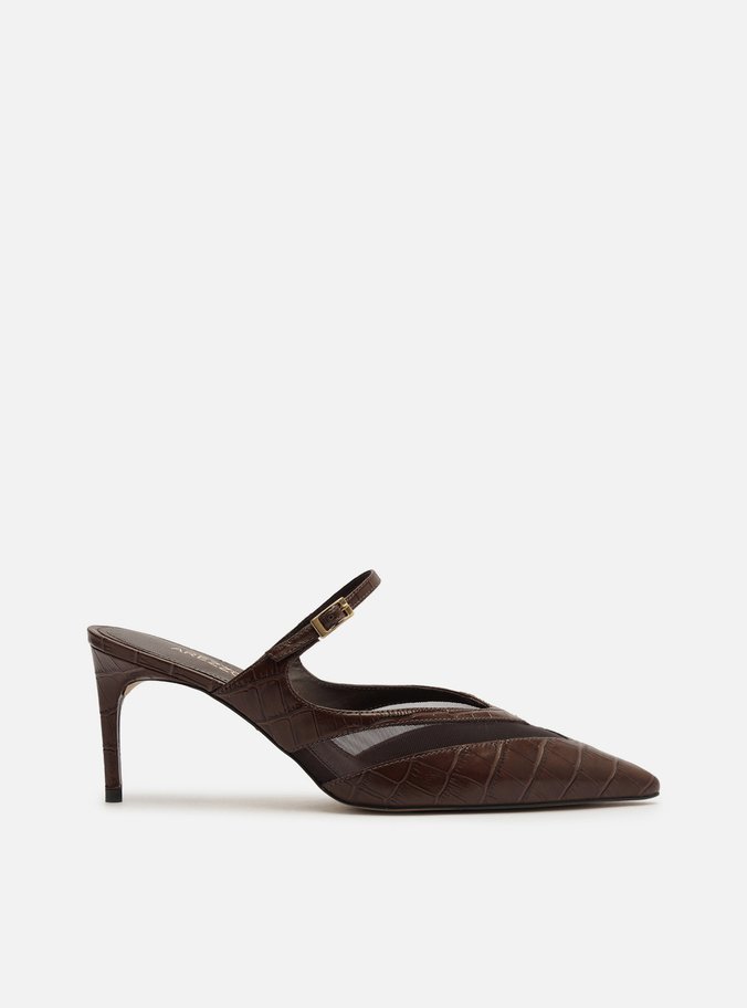 Mule Marrom Croco Salto Médio Fino Tela