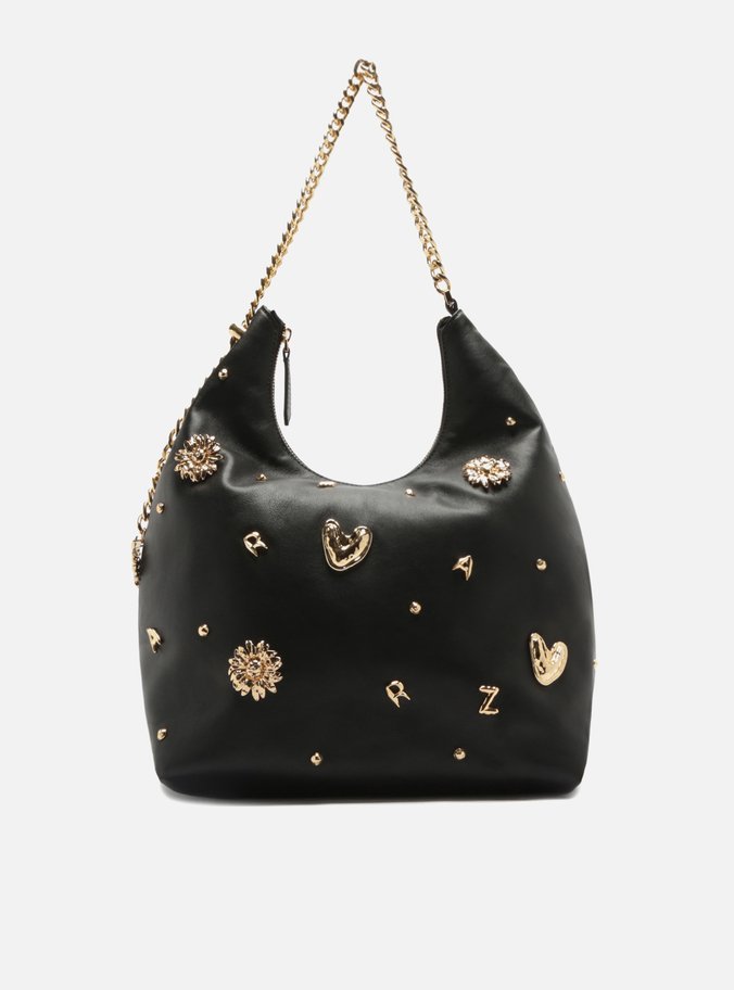 Bolsa Hobo Preta Couro Grande Metais Fun